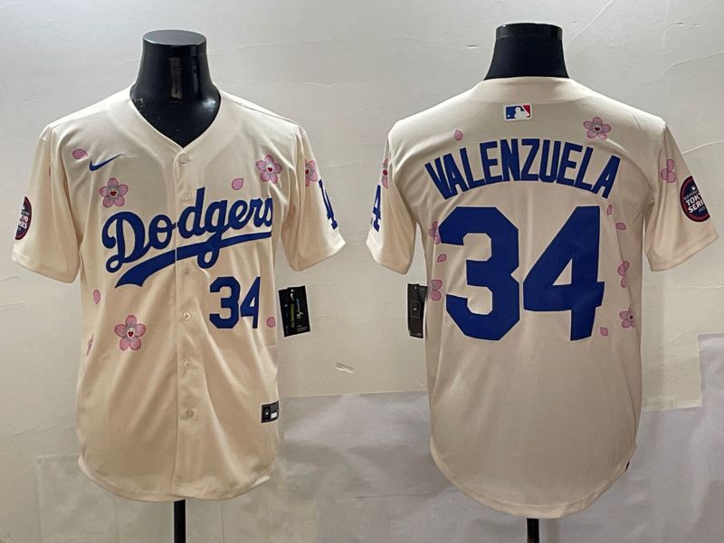 Men Los Angeles Dodgers 34 Valenzuela Cream White Blue Sakura Edition 2025 Nike MLB Jersey style 4